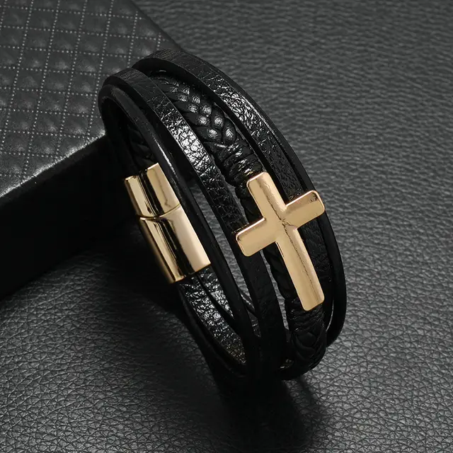 Cross Leather Bracelet Men's Multi layer Handmade Black - Shop at LoveMi