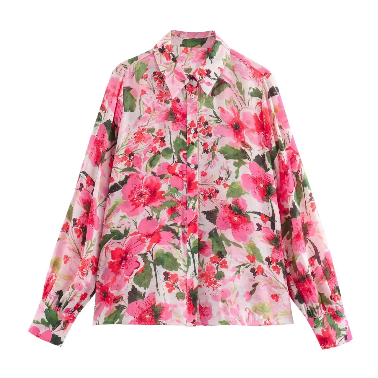 Women's Fashion Flower Print Long Sleeve Loose Casual Shirt - Color