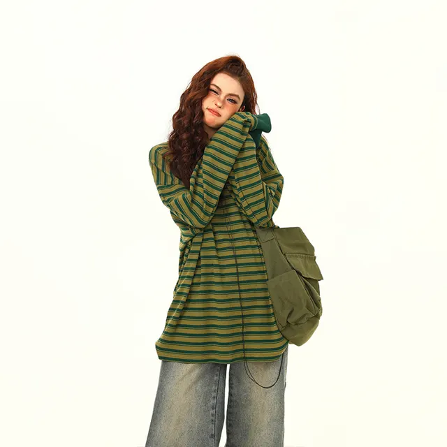 Vintage Stripe Long sleeved T shirt Women's Bottoming Shirt Green - Shop at LoveMi