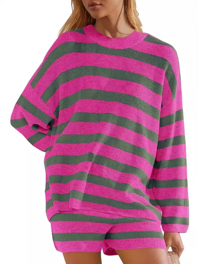 Women's Knitted Color Matching Suit Striped Long Sleeve Purple - Shop at LoveMi