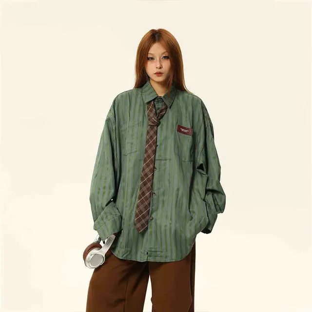 Striped Polo Long Sleeve Shirt Couple Loose Top Green - Shop at LoveMi