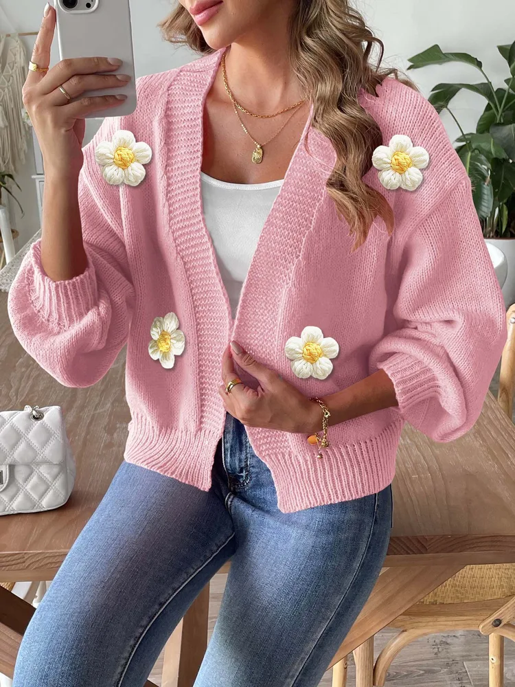 Women's Cardigan Crocheted Patchwork Knitting Long Sleeve Pink - Shop at LoveMi
