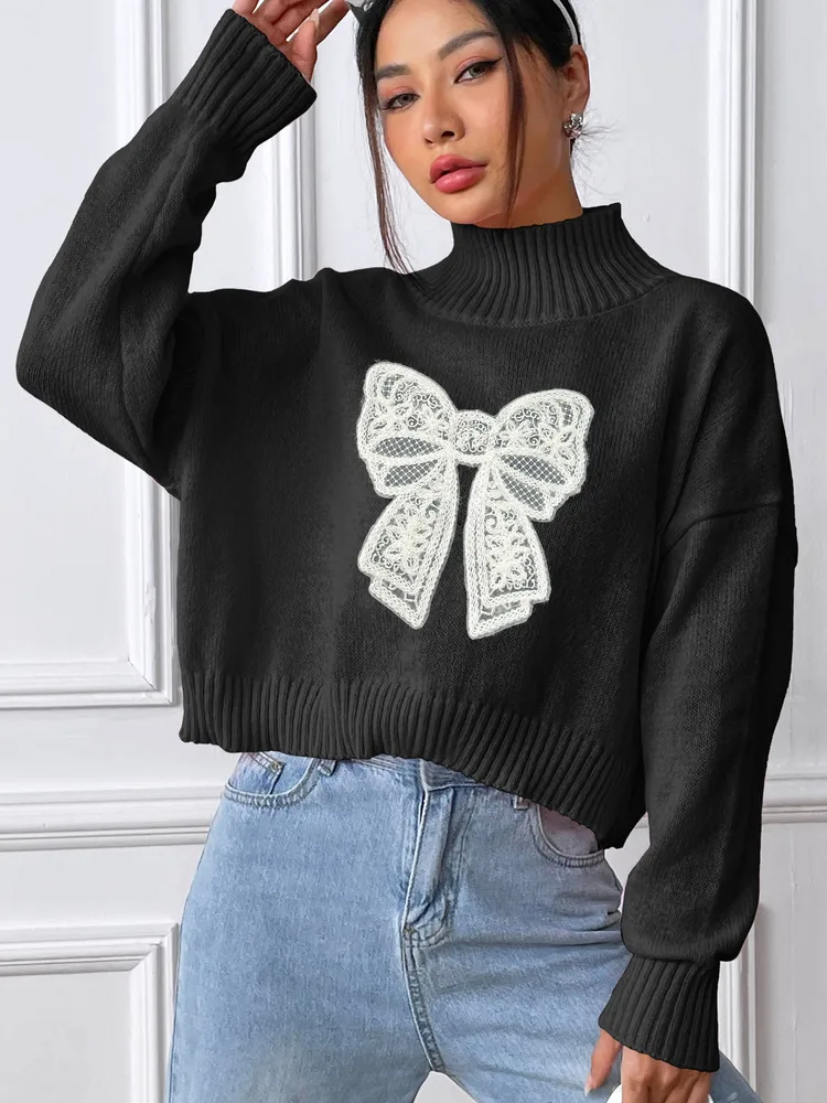 Women's Short Top Turtleneck Pullover Bow Black Butterfly - Shop at LoveMi