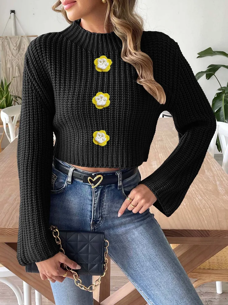 Women's Short Midriff baring Top Hand Hook Flower Black - Shop at LoveMi