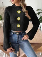 Women's Short Midriff-baring Top Hand Hook Flower - Black