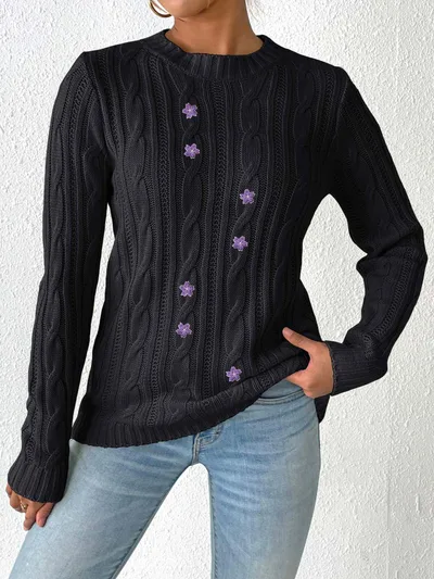 Women's Winter Round Neck Pullover Bottoming Black 8 Purple Flower Stickers - Shop at LoveMi
