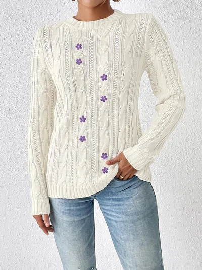 Women's Winter Round Neck Pullover Bottoming White 8 Purple Flower Stickers - Shop at LoveMi