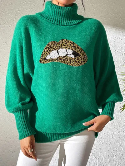 Women's Base Shirt Sequins Embroidery Cartoon Green Leopard Print Lip - Shop at LoveMi