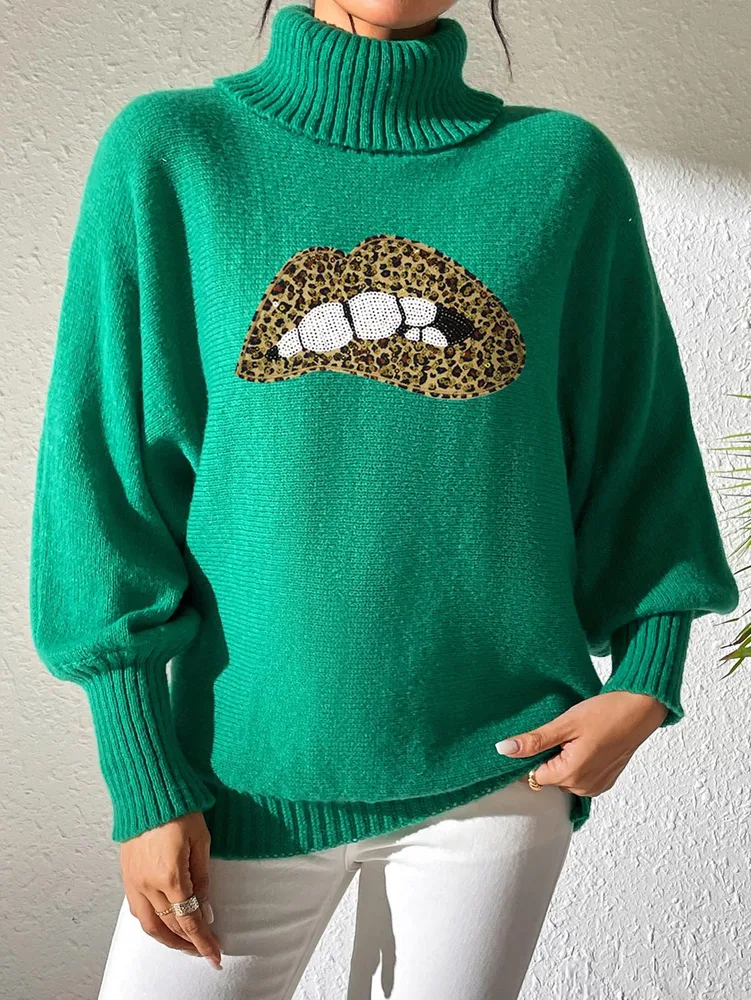 Women's Base Shirt Sequins Embroidery Cartoon Green Red Lips - Shop at LoveMi