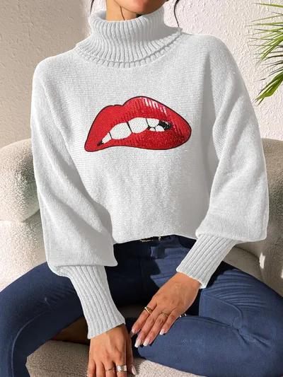 Women's Base Shirt Sequins Embroidery Cartoon White Red Lips - Shop at LoveMi