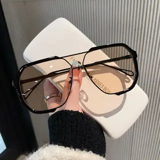 Fashion Double Beam Integrated Sunglasses Large Frame Decoration Plain Glasses Ins - Black Frame Champagne Piece
