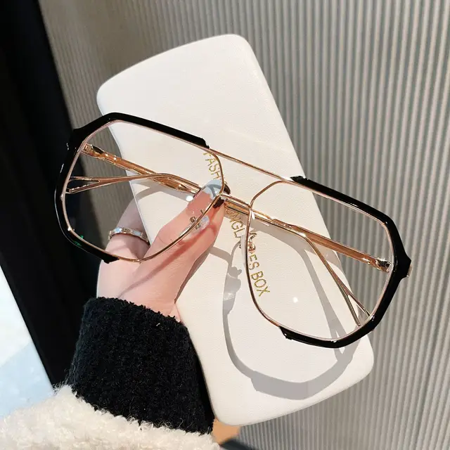Fashion Double Beam Integrated Sunglasses Large Frame Decoration Plain Glasses Ins Black Gold Frame Plain - Shop at LoveMi