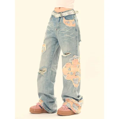 Women's Vintage Lace Stitching Ripped Jeans Blue - Shop at LoveMi