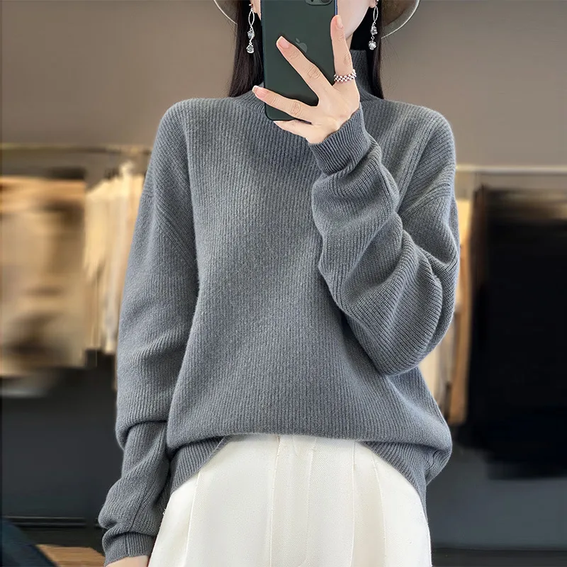 Women's Autumn And Winter Half high Collar Wool Sweater Pullover Elephant Gray - Shop at LoveMi