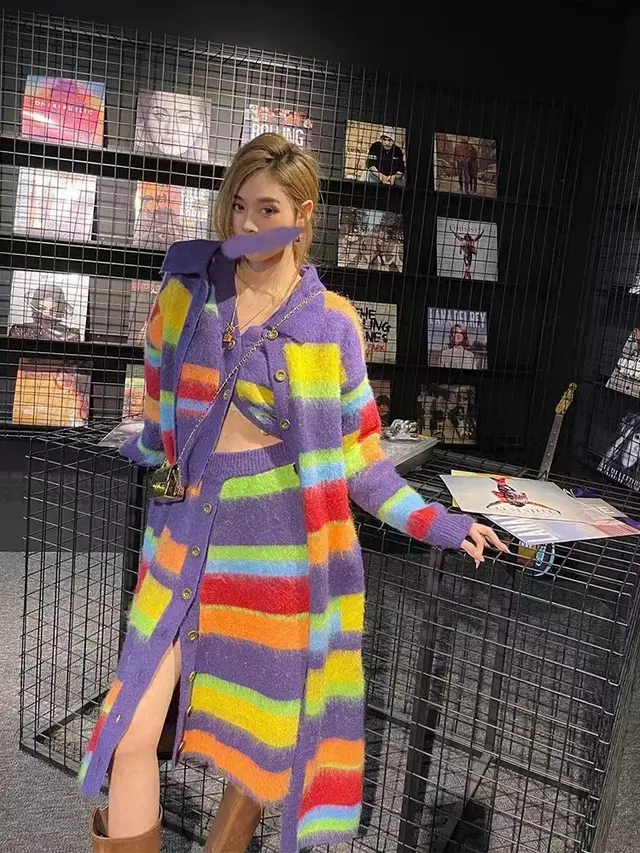 Fashion Slimming Candy Color Coat Retro Lazy Style Rainbow Striped Cardigan Sweater Top And Skirt Without Coat - Shop at LoveMi