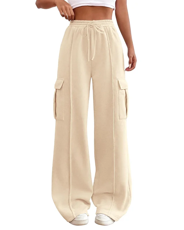 Women's Drawstring Elastic Waist Tooling Sweatpants Drawstring Apricot - Shop at LoveMi