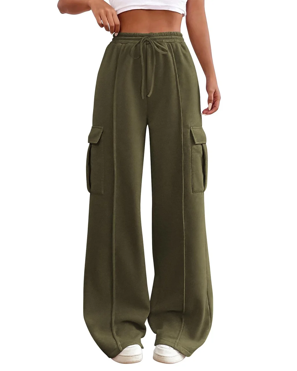 Women's Drawstring Elastic Waist Tooling Sweatpants Drawstring - Olive Green