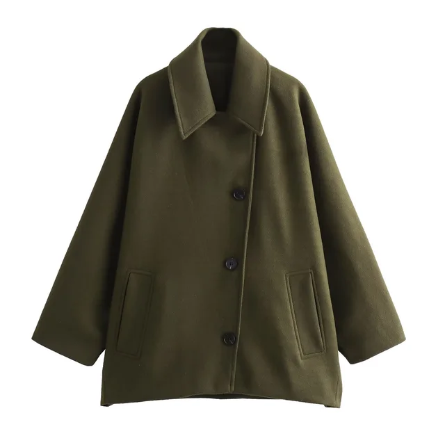 French Coat Fashion Polo Collar Blended Short Cape Sleeve Coat Army Green - Shop at LoveMi