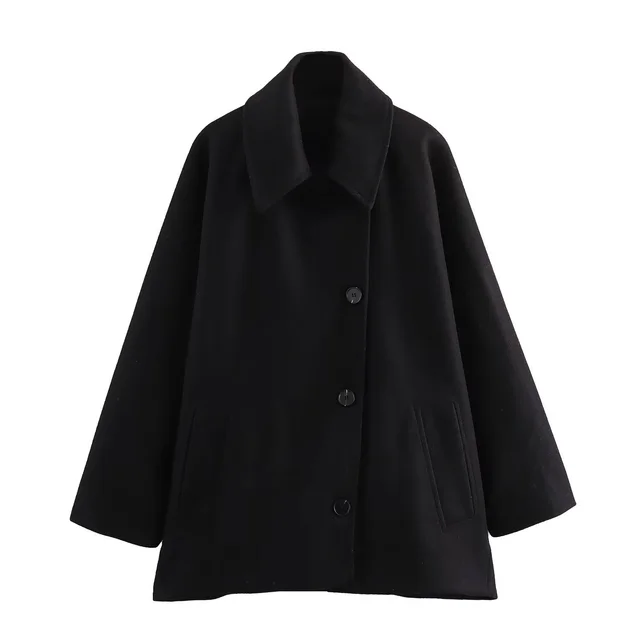French Coat Fashion Polo Collar Blended Short Cape Sleeve Coat Black - Shop at LoveMi