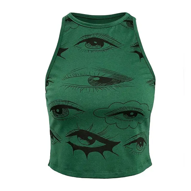 Fruit Green Eye Print Sleeveless Round Neck Vest Green - Shop at LoveMi