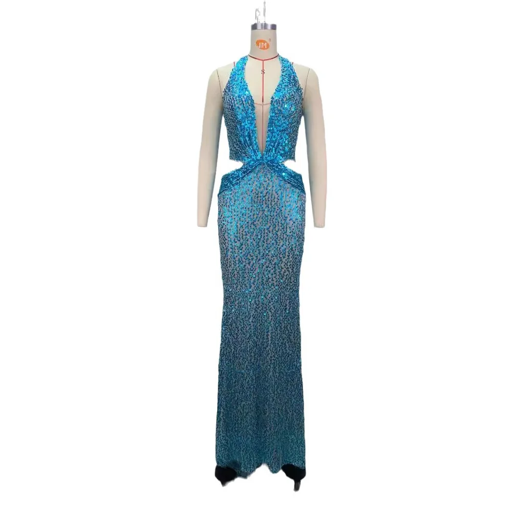 New Halter Deep V neck Slim Slimming Party Stage Host Hostess Evening Dress Blue - Shop at LoveMi