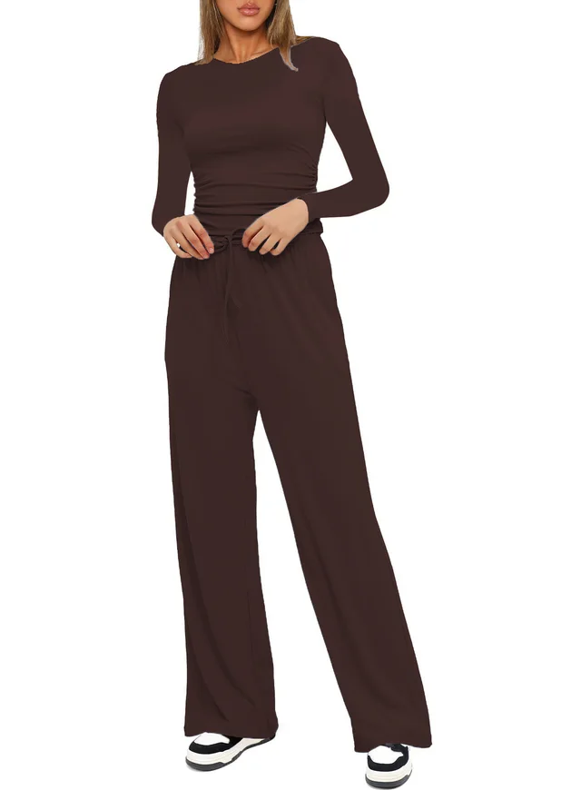 Long Sleeve Top High Waist Wide Leg Pants Suit Brown - Shop at LoveMi
