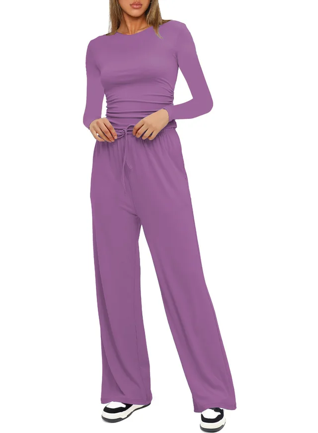 Long Sleeve Top High Waist Wide Leg Pants Suit Purple - Shop at LoveMi