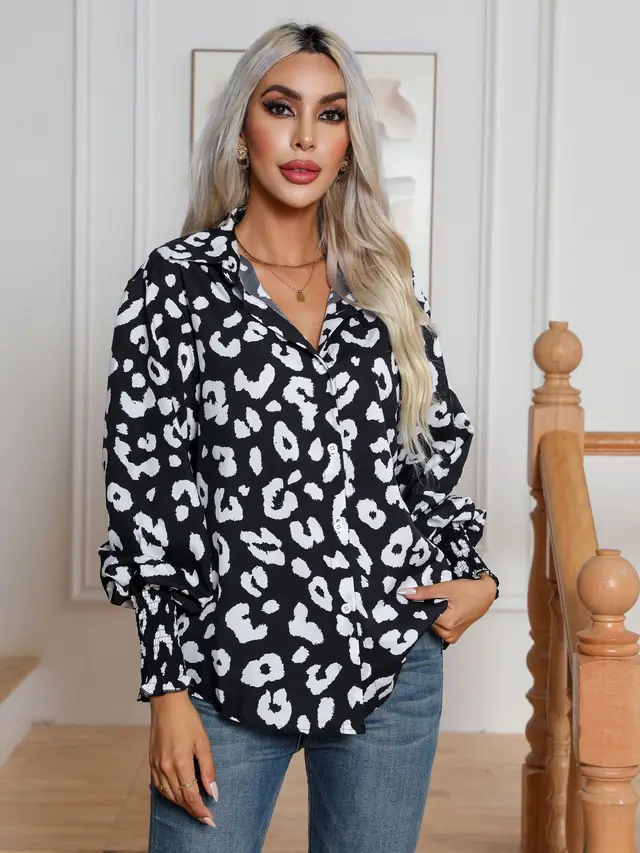 Leopard Print Lantern Sleeve Shirt Women Black - Shop at LoveMi