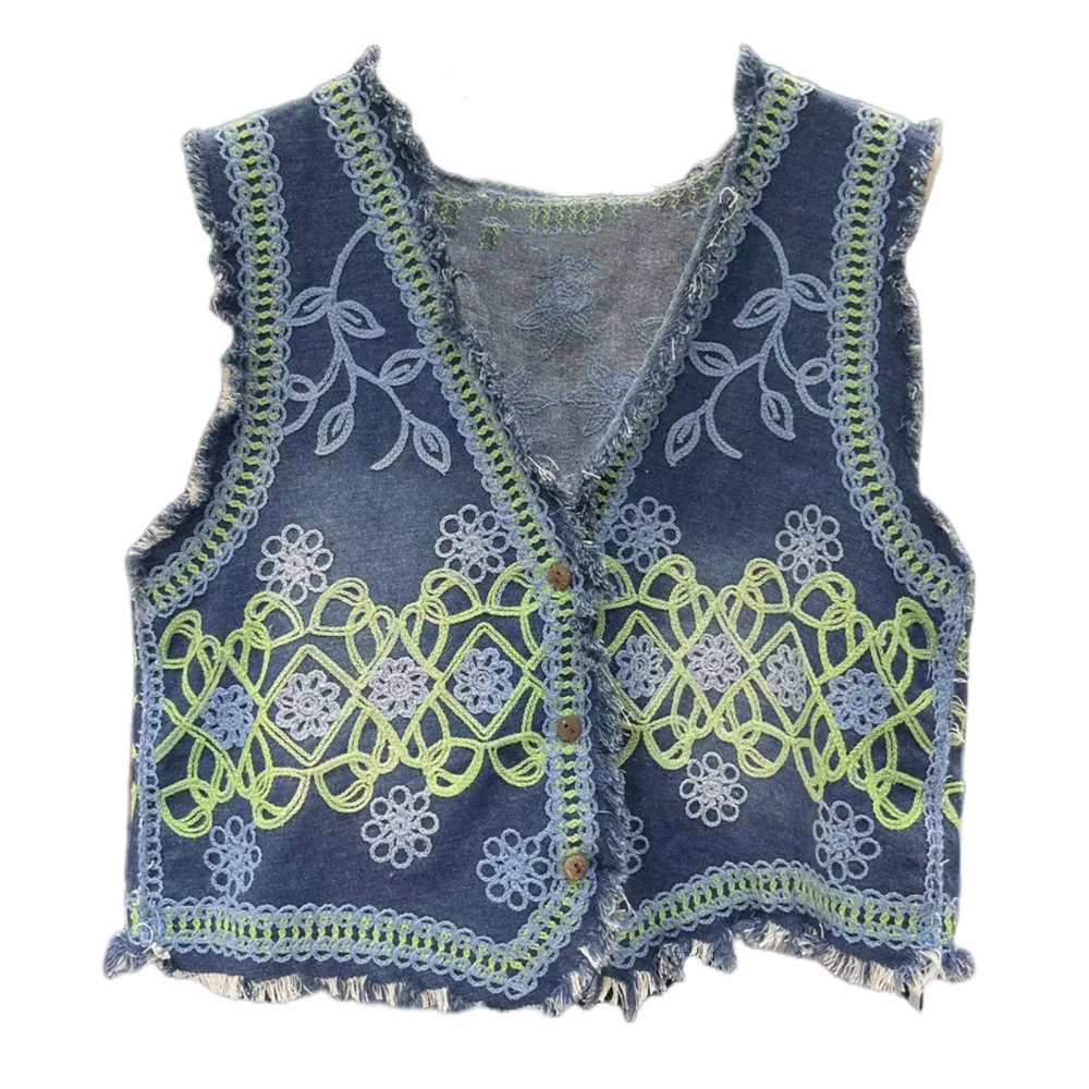 All-matching Short Loose Machine Embroidery Denim Waistcoat Vest Women - Blue