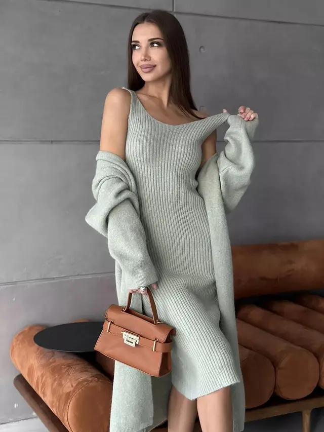 Knitted Dress Fashion Women's Wear Knitted Long Sleeve Light Green - Shop at LoveMi