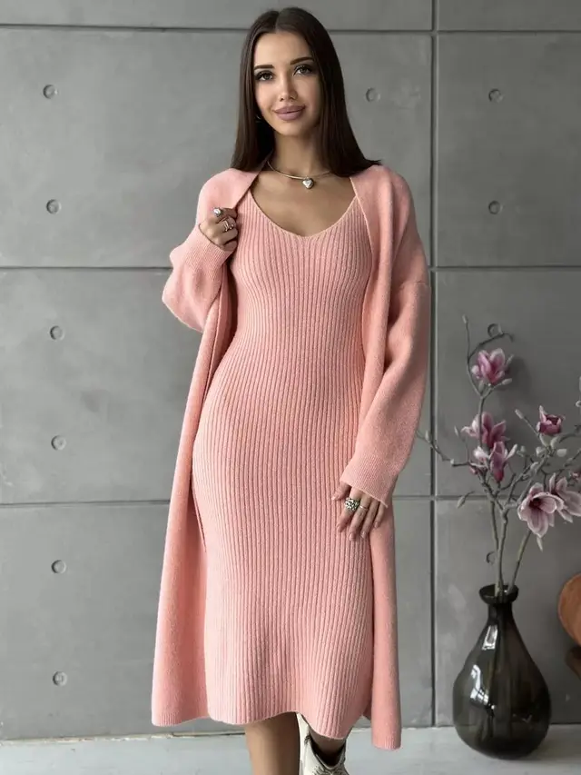 Knitted Dress Fashion Women's Wear Knitted Long Sleeve Pink - Shop at LoveMi