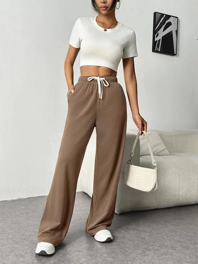 Women's Wide Leg Track Pants High Waist Loose Brown - Shop at LoveMi