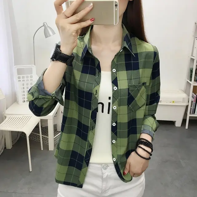 Casual Slimming Women's Long Sleeve Plaid Shirt Army Green - Shop at LoveMi