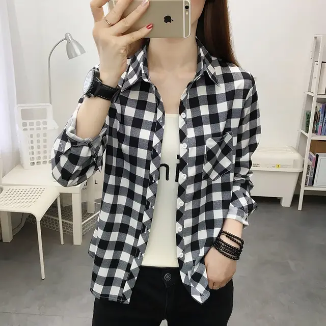 Casual Slimming Women's Long Sleeve Plaid Shirt Black And White - Shop at LoveMi