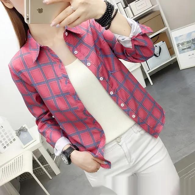 Casual Slimming Women's Long Sleeve Plaid Shirt Pink - Shop at LoveMi