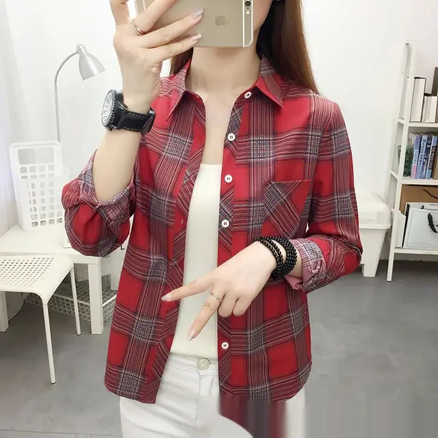 Casual Slimming Women's Long Sleeve Plaid Shirt Red 01 - Shop at LoveMi