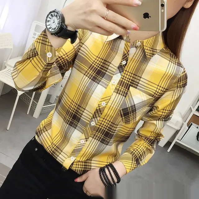 Casual Slimming Women's Long Sleeve Plaid Shirt Yellow - Shop at LoveMi