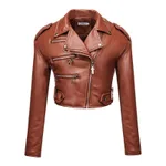 Women's Leather Top Slim Fit Short Cotton High Waist - Brown