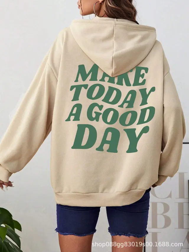 Double Sided Printed European And American Hooded Plain Letter Sweater Apricot - Shop at LoveMi