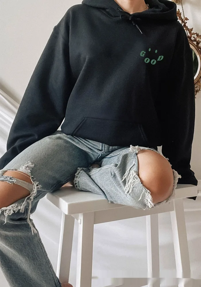 Double Sided Printed European And American Hooded Plain Letter Sweater Black - Shop at LoveMi