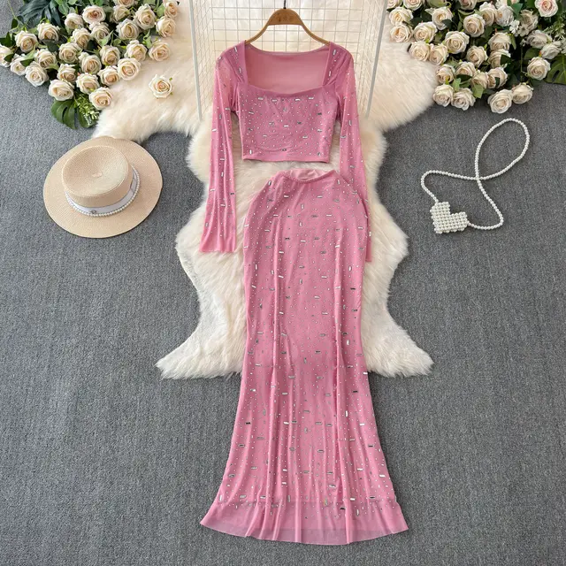 Hip wrapped Skirt Evening Dress Two piece Set Pink - Shop at LoveMi