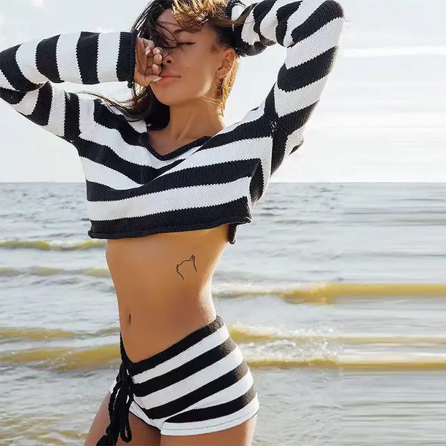 Women's Clothing Fashion Suit Striped Short Style Exposed Navel Black And White - Shop at LoveMi