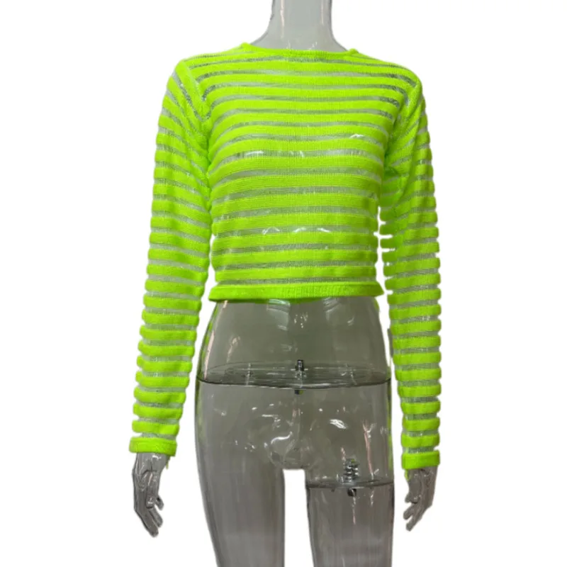 See through Women's Round Neck Knitted Short Top Green - Shop at LoveMi