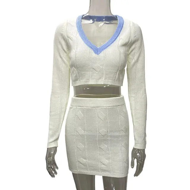 Fashionable Knitted Midriff baring Sweater Women's High Waist Suit White - Shop at LoveMi