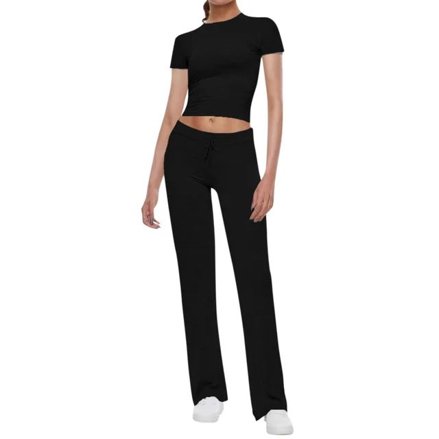 American Basic Casual Solid Color T shirt Casual Pants Suit Black - Shop at LoveMi