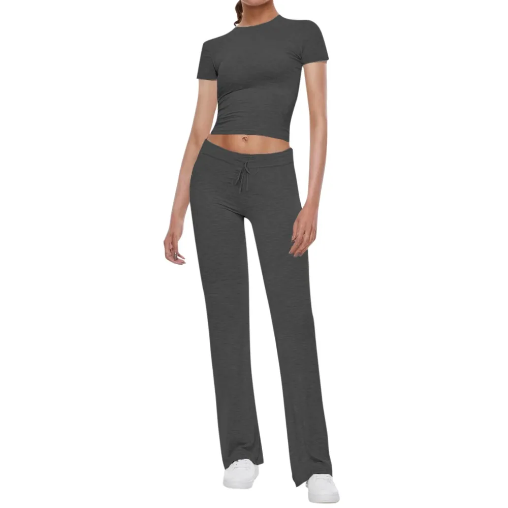 American Basic Casual Solid Color T shirt Casual Pants Suit Gray - Shop at LoveMi