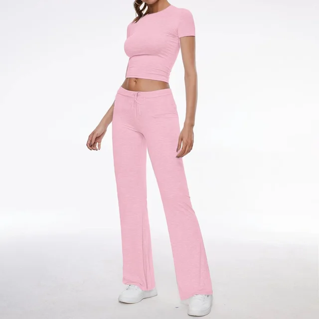 American Basic Casual Solid Color T shirt Casual Pants Suit Pink - Shop at LoveMi