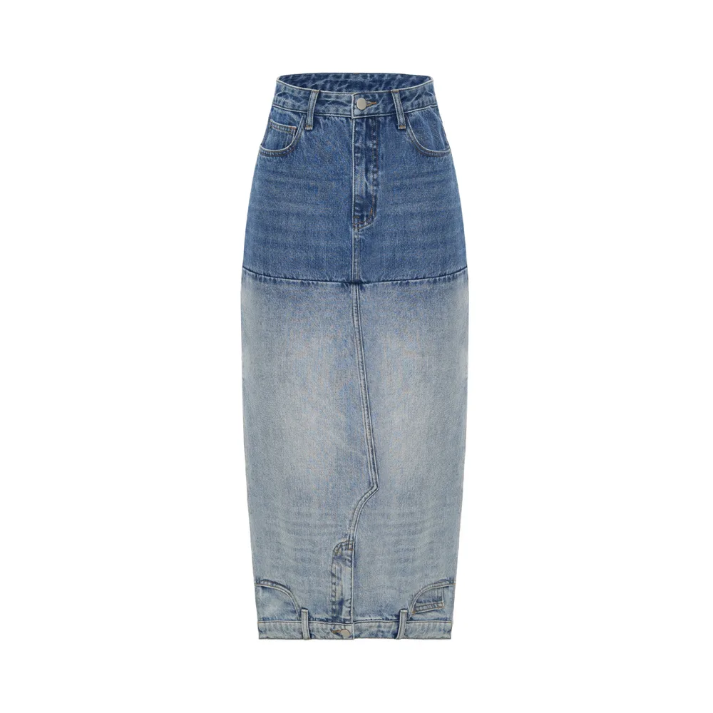 Washed Denim Long Skirts Stitching Design Women's Clothing Blue - Shop at LoveMi