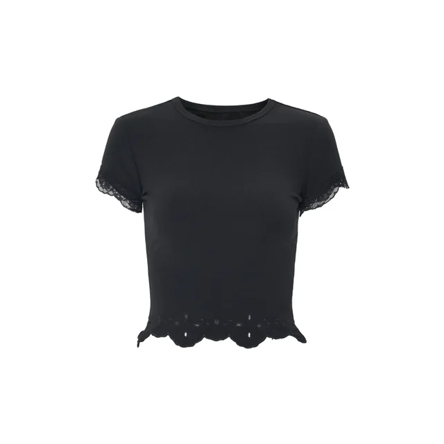 Women's Lace Black Short Sleeve Round Neck Top Black - Shop at LoveMi