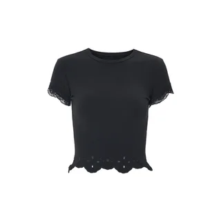 Women's Lace Black Short Sleeve Round Neck Top - Black